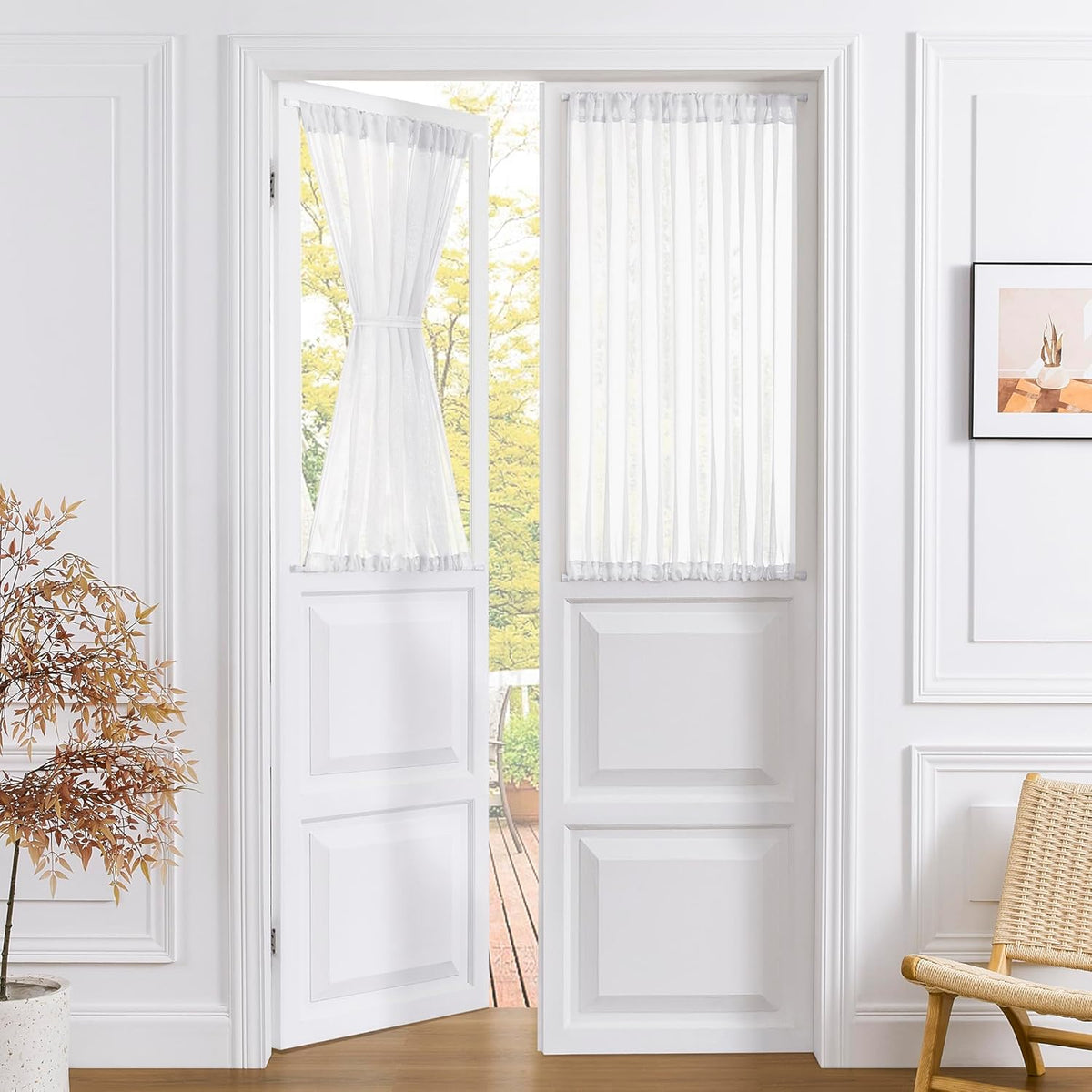 Tollpiz Short Sheer Door Curtains Closet Linen Textured Curtains Sheer Doorway Light Filtering Voile Patio Glass Door Rod Pocket Curtain French Door, 54 x 40 inches Long, White, Set of 1 Panel