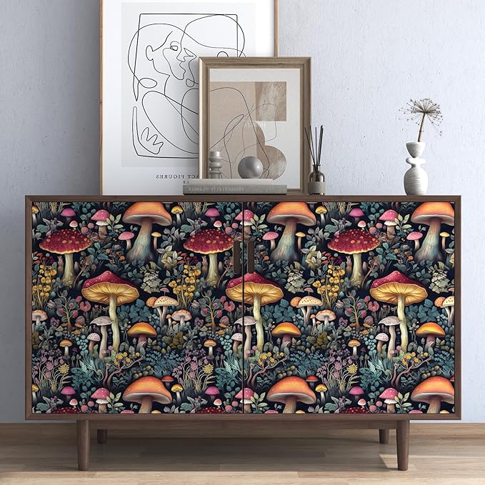 BOKEBEVE Black Colorful Mushroom Contact Paper Floral Wallpaper Peel and Stick