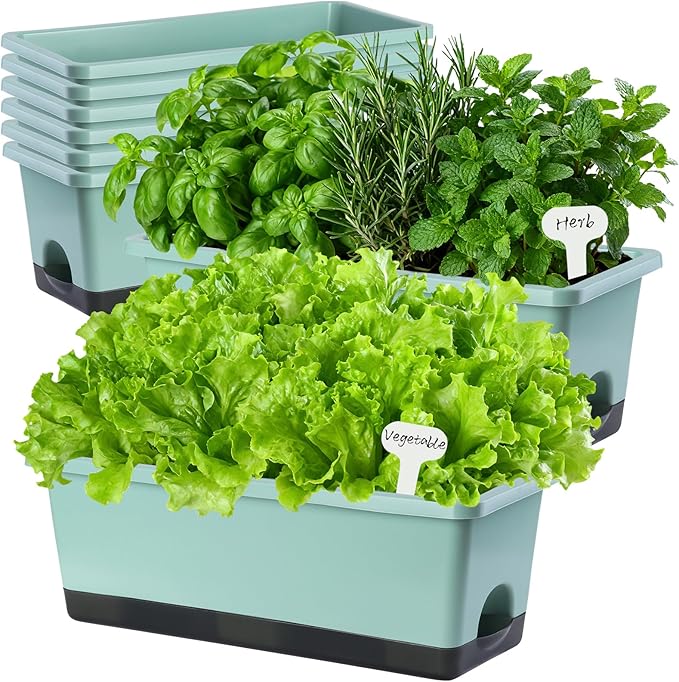 Oliz Window Box Planter 8 Pcs, 17 Inches Rectangle Flower Pots with Drainage Holes & Trays, Vegetable Planters for Windowsill Patio Garden Balcony Home Indoor Outdoor (Green, 16 * 7 * 6 inch)