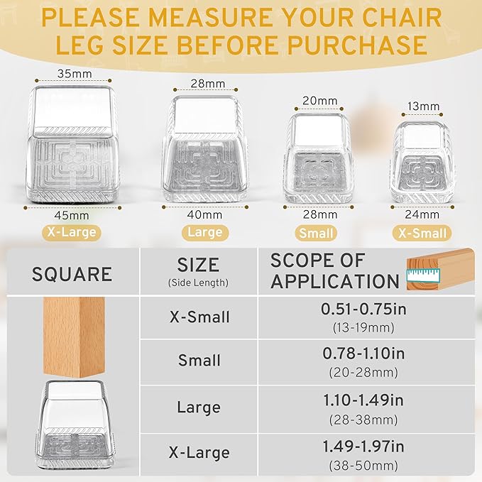 24PCS Square Chair Leg Floor Protectors, Furniture Sliders, Chair Leg Protectors for Hardwood Floors, Non-Slip Felt Furniture Pads, Silicone Cap Covers to Protect Floors, (Fit 1.1" - 1.5")