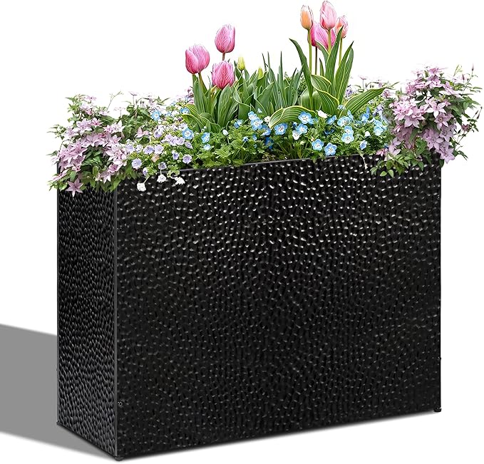 Tall Planters for Outdoor Plants - Hand-Hammered Metal Large Rectangular Block Planter Box with Drainage Holes, Modern Planters Indoor Outdoor Flower Plant Pots Patio Yard Front Porch Deck,32x12x24"