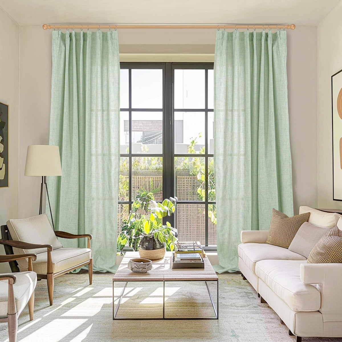 YoungsTex Sage Green Linen Curtains 90 Inch Length Living Room, Textured Semi Sheer Drapes Light Filtering with Pinch Pleated Window Treatments for Bedroom Dining Room, 2 Panels, 40 X 90 Inch