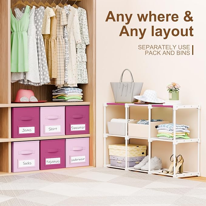 Geelin 6 Sets Cube Storage Organizer Bins with Shelf & Labels 11 Inch, Fabric Collapsible Cubby Toys Clothes Storage Drawer Unit for Daycare Nursery Playroom Bedroom Dorm Organizer (Pink Mix)