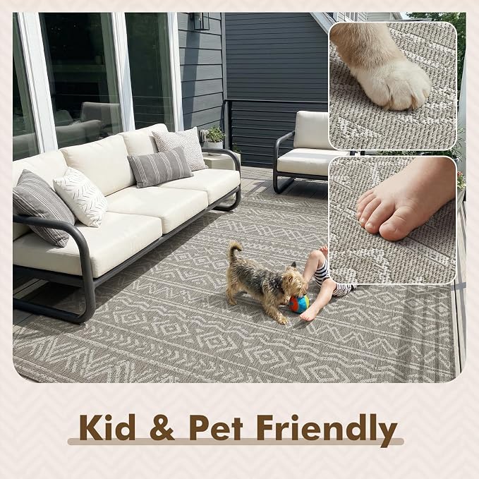 MontVoo-Outdoor Rug-Patio Rug 4x6 Polypropylene Indoor Outdoor Rugs Outdoor Carpet for Patio Deck Balcony Porch, Textured Weave, Durable for High Traffic, Fade-Resistant, Boho Farmhouse Silver Grey