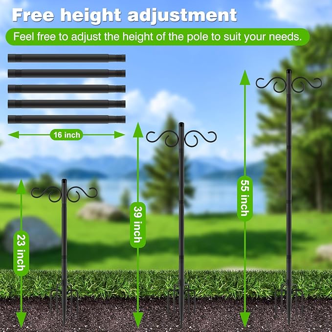 RCUICA Double Shepherds Hooks for Outdoor,1 Pack 55 Inch Bird Feeder Pole with 5 Prongs Base,Heavy Duty Shepherds Hook,Suitable for Garden in Hanging Flower Basket,Lantern,Bird Nests (1 Pack 55 inch)