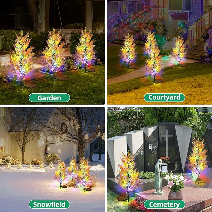 Solar Garden Lights Outdoor, 2 Pack Solar Flower Lights with Realistic 36 Lush Cypress Leaves, 12H Auto On/Off, Multi-Color Changing Light Waterproof for Garden Yard Decoration