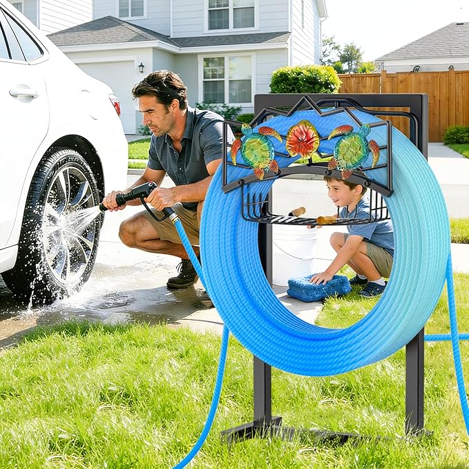 Garden Water Hose Holder with 5 Spikes, Upgraded Freestanding Heavy Duty Hose Hanger Holds 150-feet Hose, Sturdy Hose Stand Storage Rack for Outside Yard Lawn (Black - Turtle)