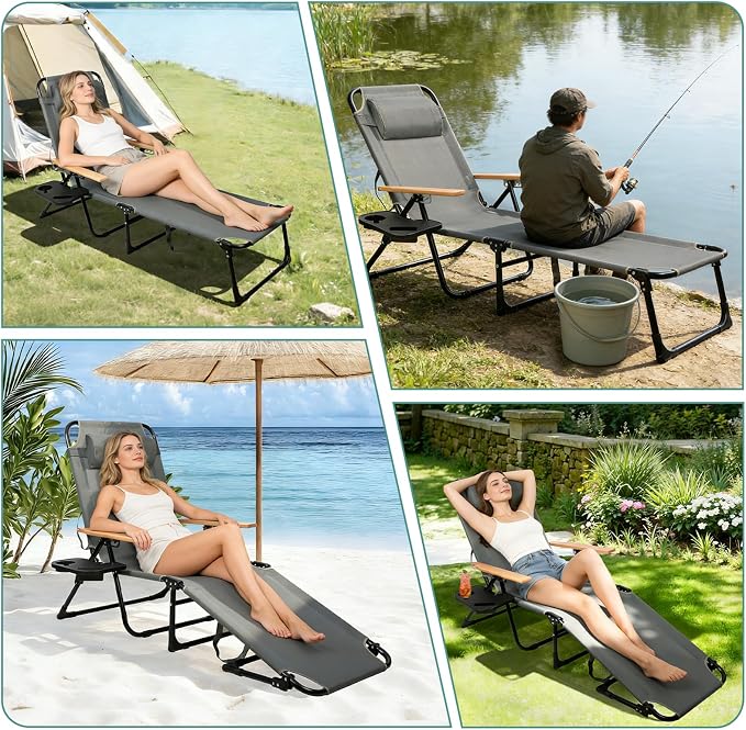 Foldable Chaise Lounge Chair Outdoor, 4-Position Reclining Outdoor Lounge Chairs with Wooden Armrest, Folding Sun Lounger with Removable Pillow for Garden Beach Patio Camp (Black)