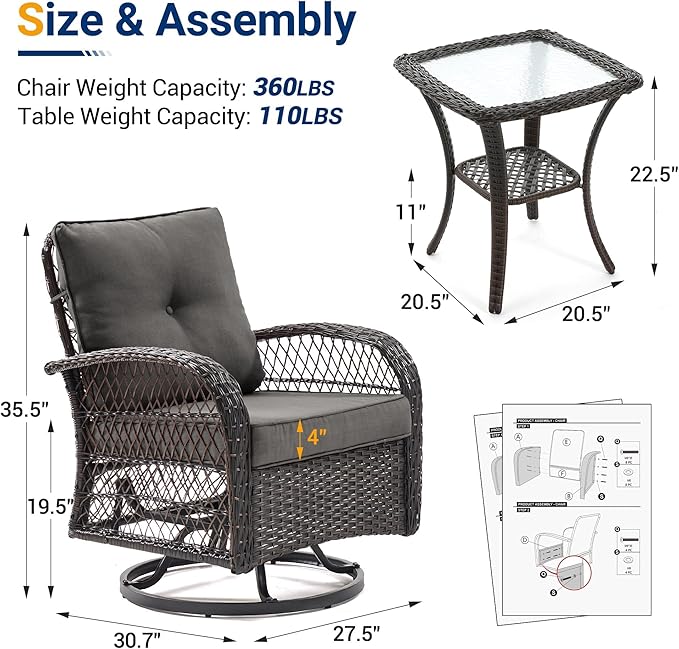 UDPATIO 3 Pieces Patio Furniture Set, Outdoor Swivel Rocker Patio Chairs Set of 2, All-Weather PE Wicker Glider Chairs with Thick Cushions and Glass Coffee Table，for Porch Deck Backyard Grey