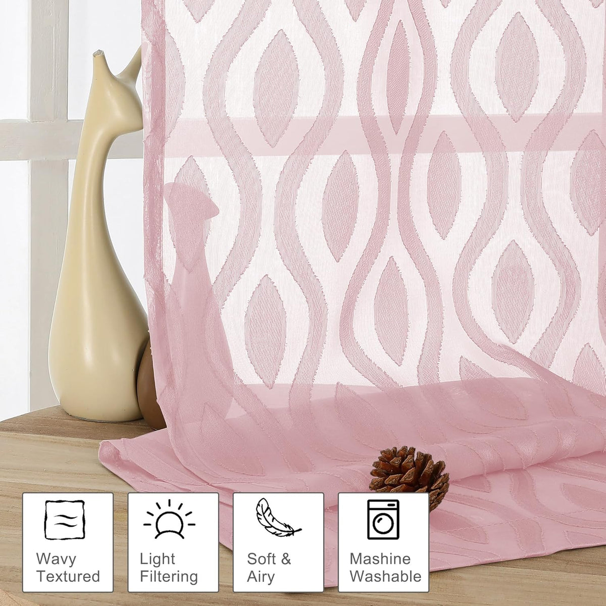 Aiyufeng Blush Pink Curtains Tiers 36 Inch Length 2 Panels Set, Airy Lightweight Clip Jacquard Window Curtians, Modern Wavy Line Textured Voile Sheer Curtains for Small Windows, 40" Wx36 L Inch