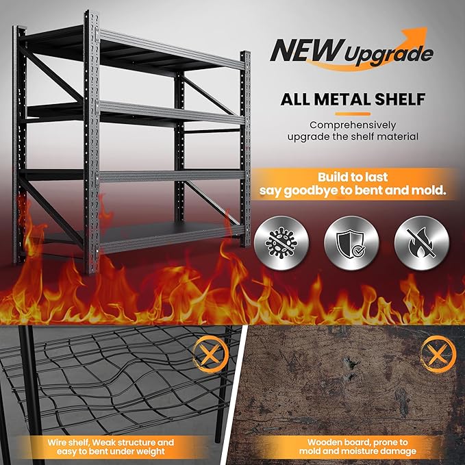 79” W Garage Shelving Heavy Duty, 7000LBS Metal Storage Shelves, 4 Tier Storage Rack Shelf, Steel Industrial Shelving, Adjustable Standing Shelf for Basement/Warehouse 79" W x 24" D x 79" H, Black