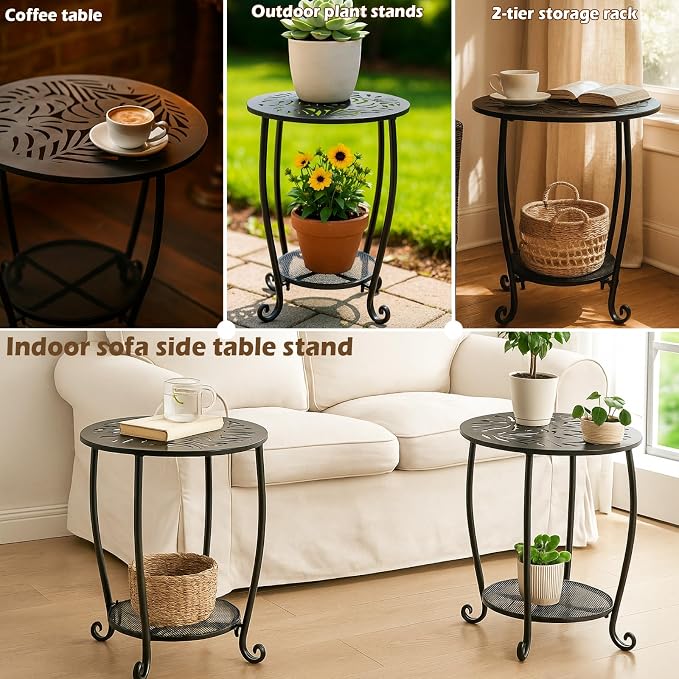 2-Tier Metal Round Side Table Set of Two Black Accent Coffee Tables Small Space Corner Plant Stand Shelf for Indoor Outdoor Porch Patio Balcony Living Room End Table with Storage Weather-Resistant