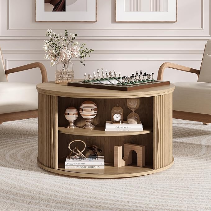 31.5" Round Lift Top Coffee Table,Natural Oak Modern Fluted Drum Center Table with Hidden Storage, Japandi Scandi Wood Circle Desk for Boho Living Room & Apartment