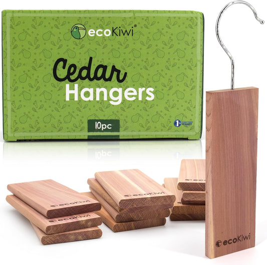 ecoKiwi Cedar Blocks for Clothes Storage - 10 Pack Hang Ups - 100% Natural Aromatic Cedar Planks for Closets and Drawers - Cedar Wood Hangers Balls Chips with Sandpaper - Cedarwood Scented Freshener
