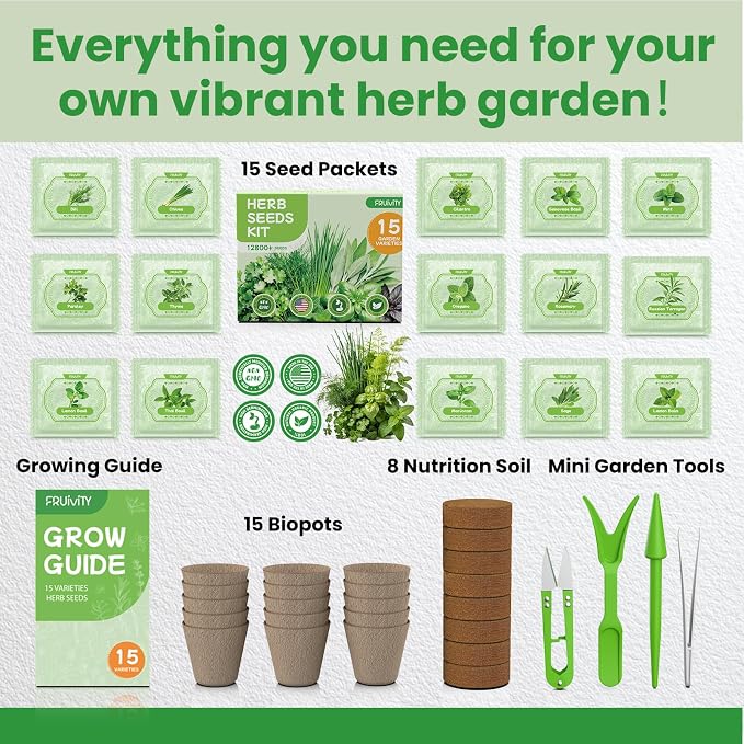 Herb Garden Starter Kit – Fruivity 12800+ 15 in 1 Herb Heirloom Seed Kits for Indoor/Outdoor Planting | Herb Indoor Garden Kit Starter - Complete Herb Garden Starter Set with Gift Packaging for Family