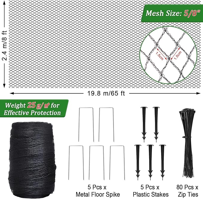 Bird Netting for Garden,8 X 65 Ft Reusable Protective Garden Netting Cover for Plants Fruit Trees Vegetables, 5/8in Mesh Heavy Duty Poultry Fence Animal Barrier with Ties and Staples