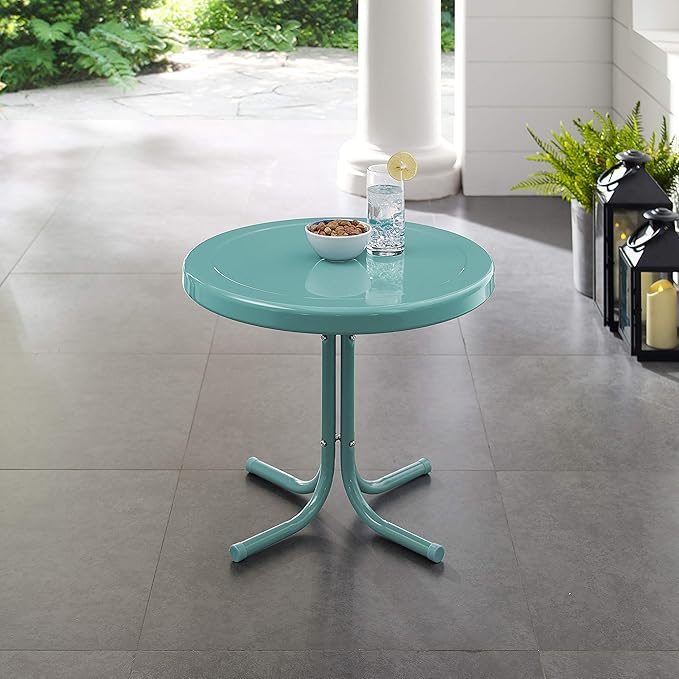 Crosley Furniture Griffith Weather Resistant Retro Metal Outdoor Side Table for Patio, Deck, Porch, Caribbean Blue