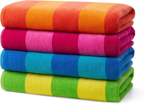 Kaufman Soft Oversized Beach Towels - Absorbent Quick-Drying Velour Striped Towels | 29" x 58" | 100% Cotton (4 Pack)