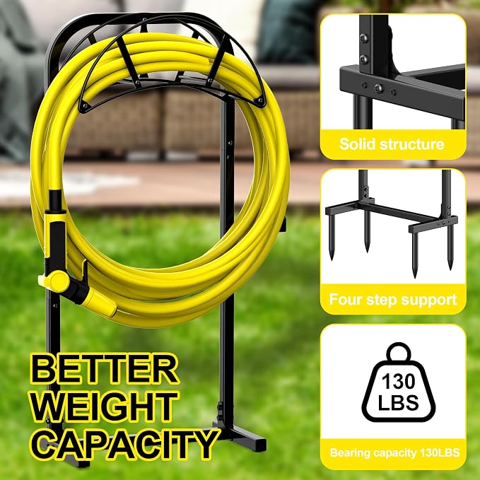 Suchek Garden Hose Holder, Upgraded 4 Spikes Water Hose Holder, Heavy Duty Hose Stand Holds 150ft Hose, Freestanding Hose Hanger, Hose Storage Organizer for Outside Yard Lawn (Black)