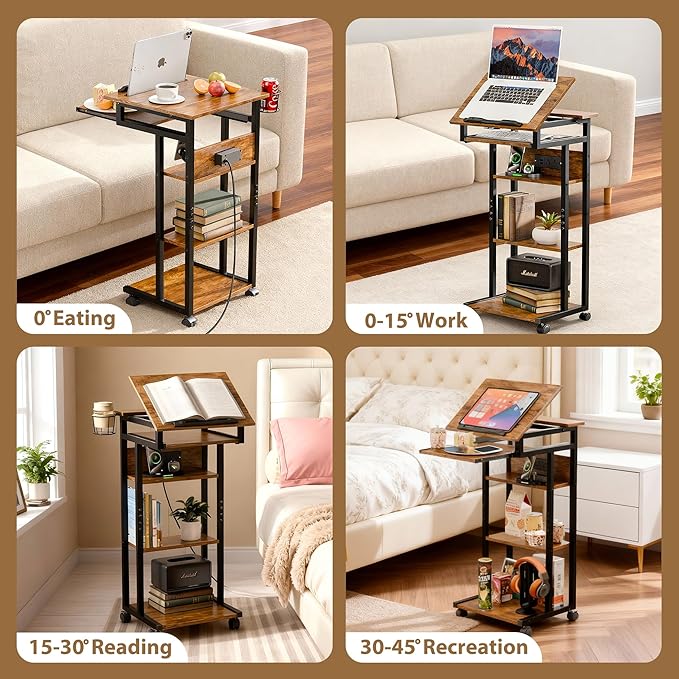 ZIFTY C Shaped End Table with Charging Station, 360° Swivel Couch Table with Wheels, Adjustable Laptop Tray, Sliding Keyboard Shelf & Storage Shelves, TV Tray Side Table for Living Room Bedroom Rustic