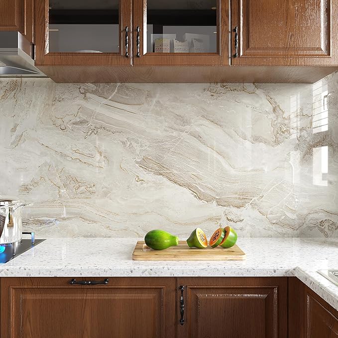 VEELIKE 15.7''x118'' Beige Gold Liquid Marble Contact Paper