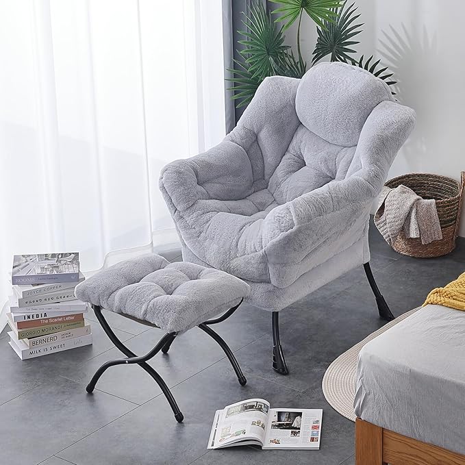LITA Lazy Chair with Ottoman, Modern Accent Leisure Upholstered Sofa Chair, Contemporary Lounge Reading Chairs with Armrests and a Side Pocket for Living Room, Bedroom & Small Space, Plush Grey