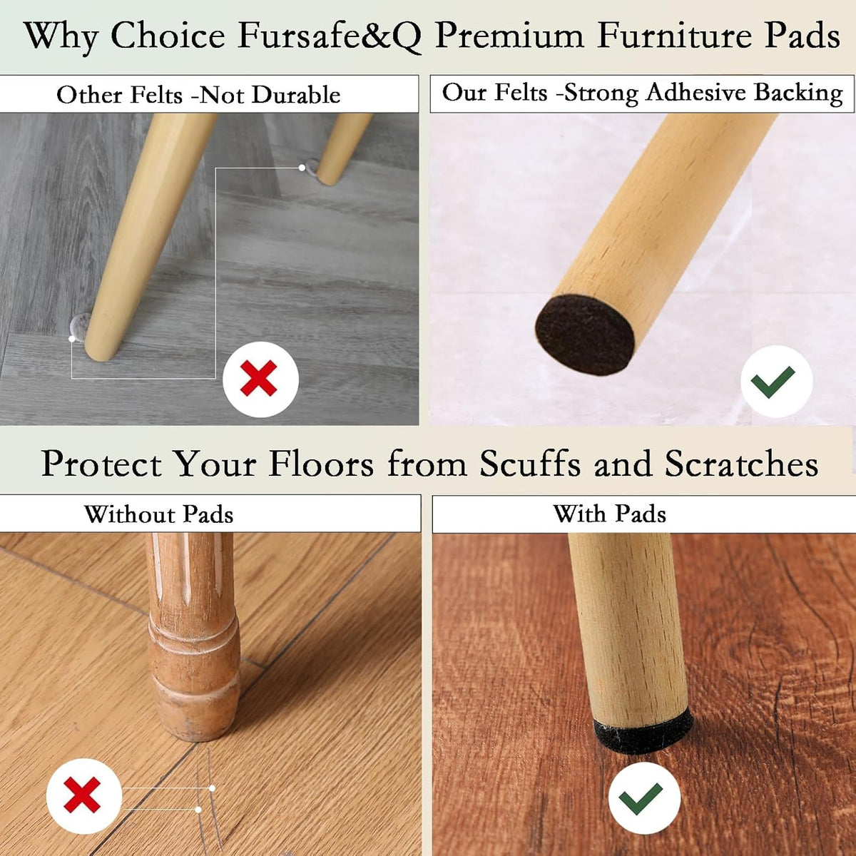 Fursafe&Q Felt Furniture Pads for Hardwood Floors -Self Adhesive Felt Chair Leg Pads，Furniture Feet Floor Protectors, Protect Floor from Nicks, Bumps and Scratch, 201 Pcs Kitchen Cabinet Door Bumper