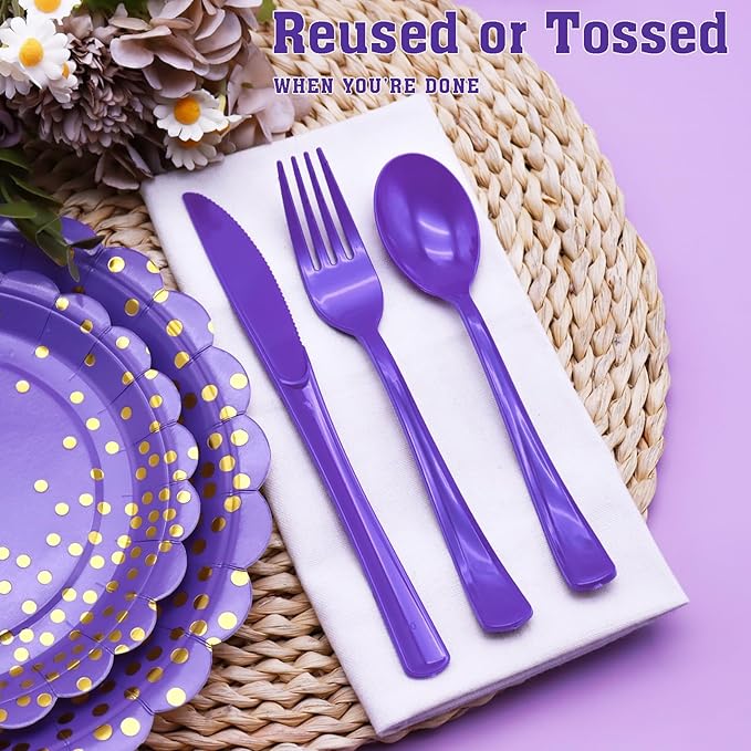 150 Pcs Purple Plastic Silverware Heavy Duty Purple Plastic Cutlery Sets Includes 50 Forks, 50 Spoons, 50 Knives Disposable for Birthday, Graduation Party, Dinner