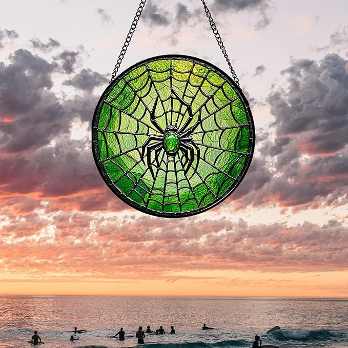 Stained Glass Window Hanging - Black Green Horror Spider Web Suncatcher for Doors Garden Patio Sun Catchers Decor Christmas Halloween Birthday Gifts for Women Men Mom Nana Friend 6.3 in