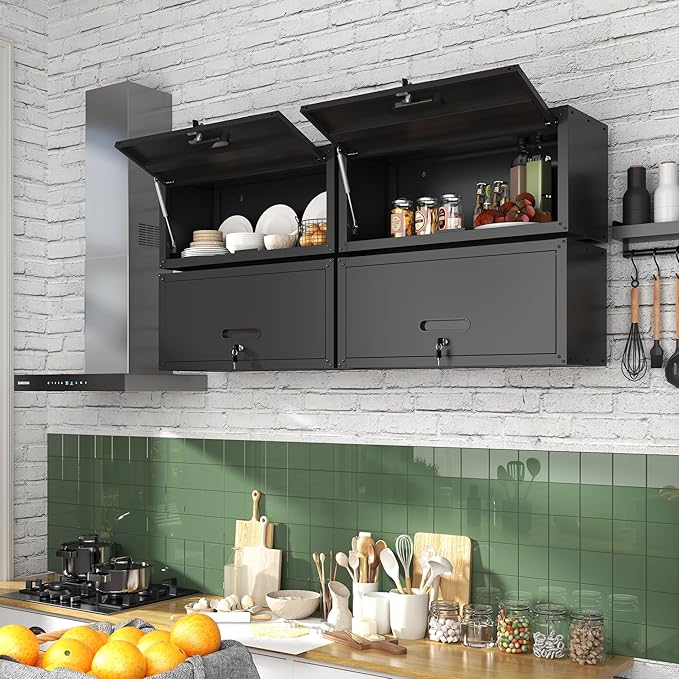 Garage Wall Cabinet with Flip-Up Door, Lockable Metal Storage Cabinet Wall
