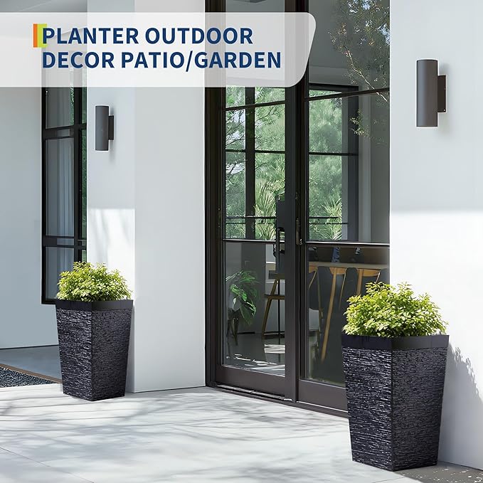 Garvee 16" Tall Planters Set of 2, Self Watering Tall Planters, Outdoor＆Indoor Planter Pots, High Front Porch Planters Pots with Drainage Holes＆Water Level Monitor, Black