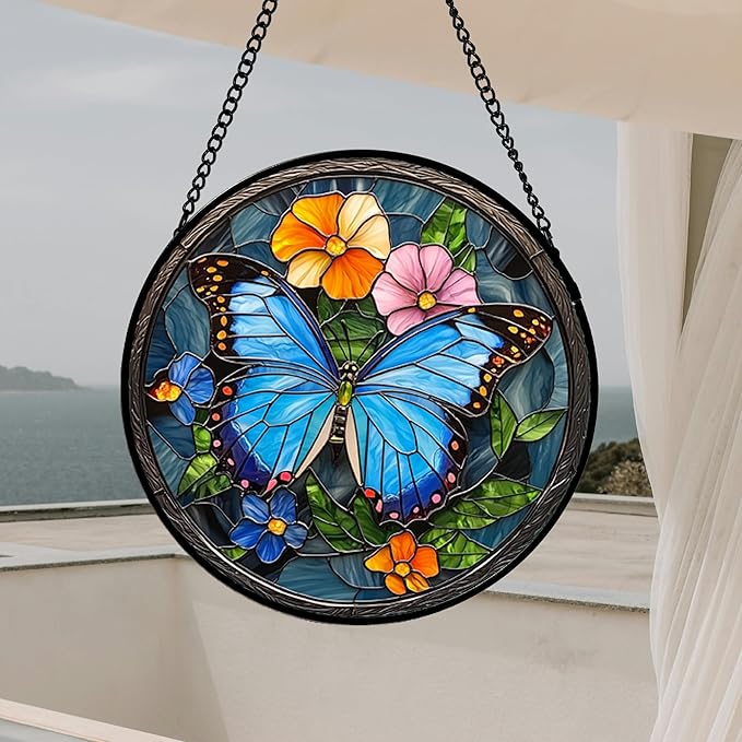 Stained Glass Window Hanging, Blue Butterfly Flower Suncatcher for Doors Home Sun Catchers Decoration and Christmas, Mother's Day Birthday Gifts for Women, Men, and Mom 7.8 in