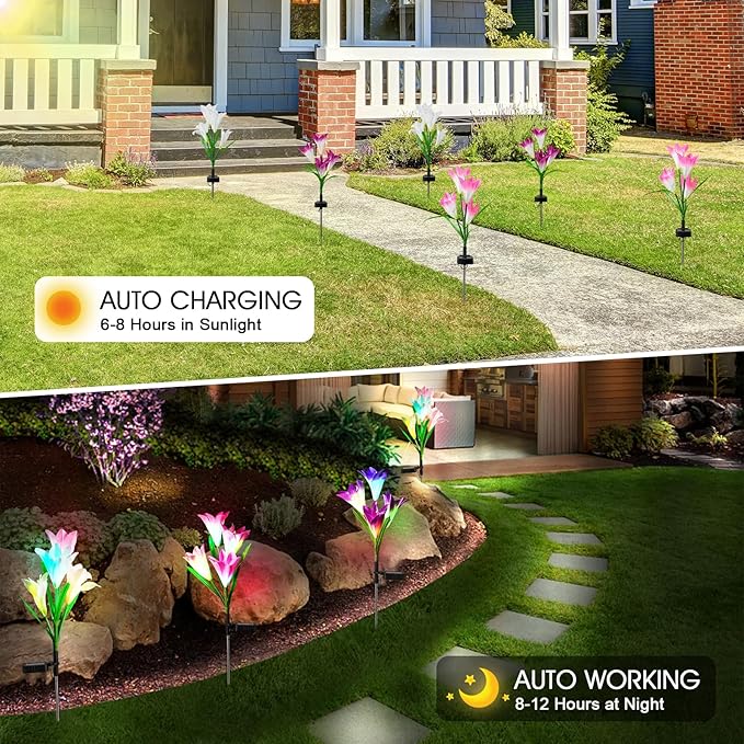4 Pack Solar Garden Lights Outdoor, 7 Color Changing LED Powered Waterproof Lily Flowers Landscape Lights for Outside Yard, Patio, Pathway Decorative, Décor, Gifts