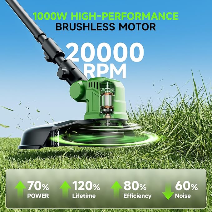 14'' Electric Weed Wacker Cordless, 20000RPM Wheeled String Trimmer Weed Eater Battery Powered, 3 in 1 Lightweight Cordless Edger Grass Trimmer Weed Trimmer with 8 Replacement Spools for Garden, Lawn