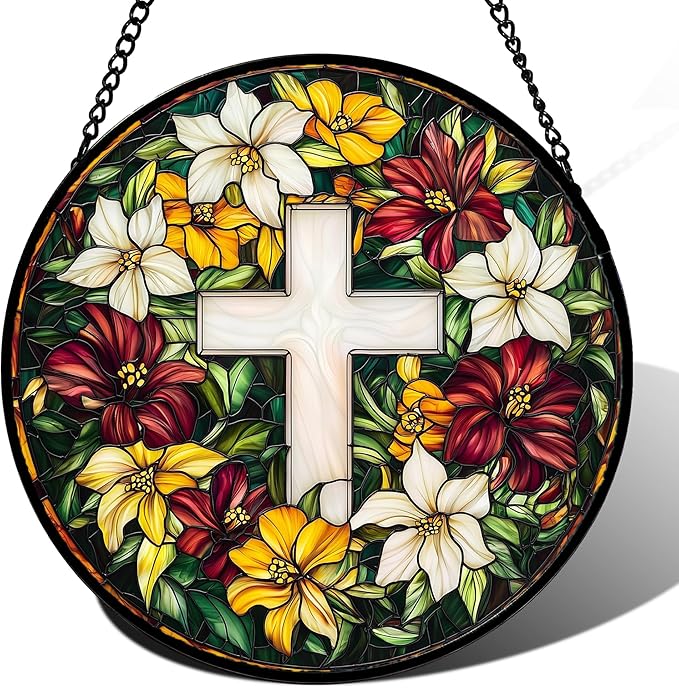 Stained Glass Window Hanging, Cross Flowers Sun Catchers Colorful Glass Panel Christianity Suncatcher Decor for Birthday for Women, Men, Wife, Aunt, and Mom 14.9x14.9 in