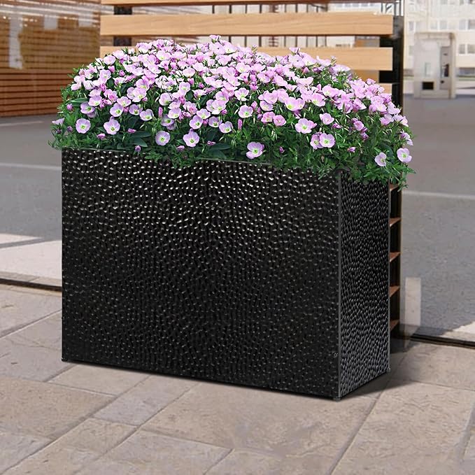 Tall Planters for Outdoor Plants - Hand-Hammered Metal Large Rectangular Block Planter Box with Drainage Holes, Modern Planters Indoor Outdoor Flower Plant Pots Patio Yard Front Porch Deck,32x12x24"