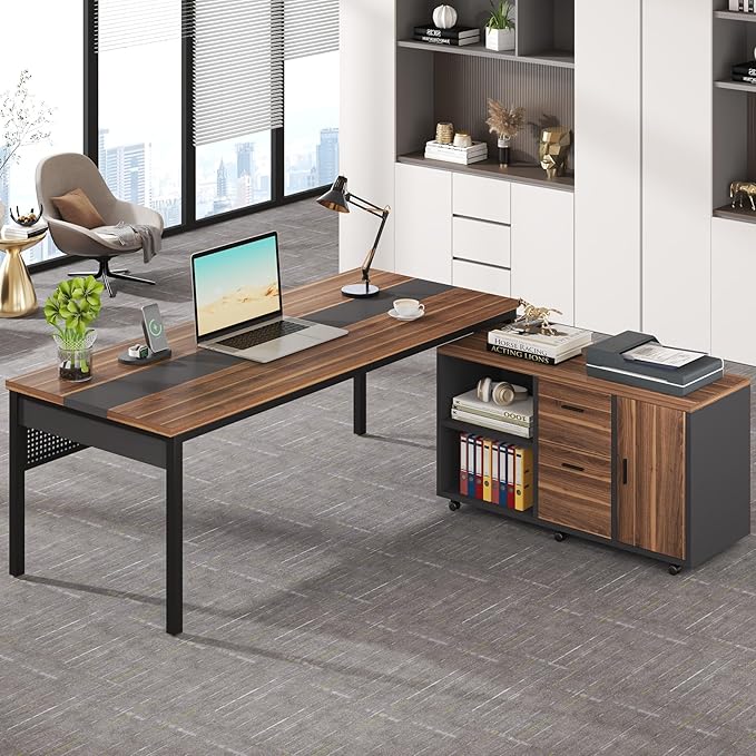 Tribesigns 71 inch Executive Desk, L-Shaped Desk with Mobile File Cabinet, Executive Office Table with 2 Drawers and Storage Shelves, Business Furniture Workstation for Home Office, Walnut and Black