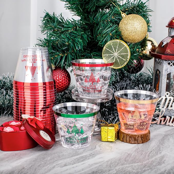 I00000 60PCS Merry Christmas Party Cups - Christmas Disposable Cups 9 Oz Clear Party Cups Wine Glasses Disposable Clear Plastic Cocktail Cups Tumblers Drinking Cups for Xmas Parties