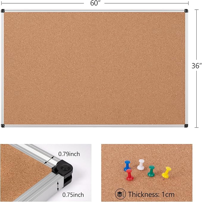 Extra Large Cork Bulletin Board 60" X 36", Wall Mounted Notice Pin Board