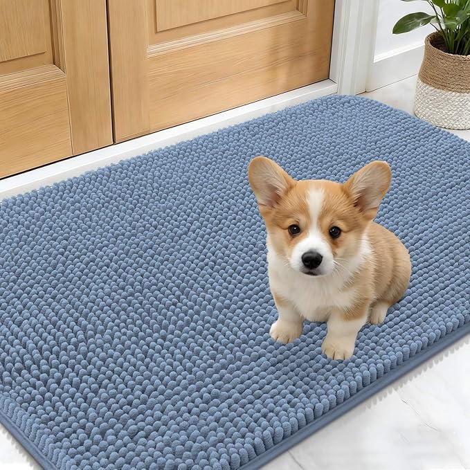 OLANLY Dog Door Mat for Muddy Paws 30x17, Absorbs Moisture and Dirt, Absorbent Non-Slip Washable Doormat, Quick Dry Chenille Mud Mat for Dogs, Entry Indoor Entryway Carpet for Inside Floor, Airy Blue