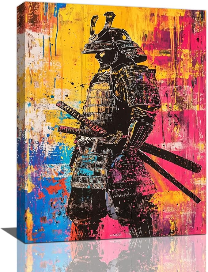 Japanese Wall Art, Graffiti Samurai Pictures Wall Decor, Banksy Samurai Canvas Prints, Japan Painting, Framed Artwork for Bathroom Living Room Bedroom Office Dining Room 24"X16"