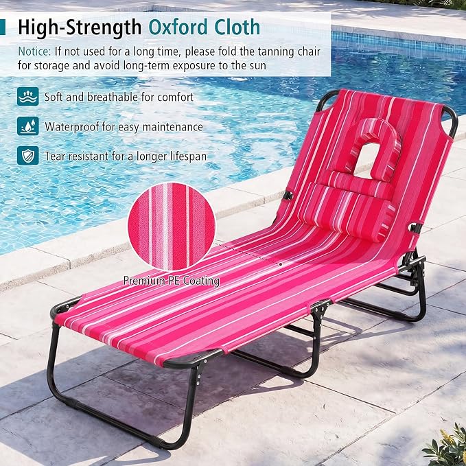 GYMAX Tanning Chair, 330lbs Beach Lounge Chair with Face Hole, Washable Pillow & Carry Strap, Adjustable Folding Chaise Lounge, Layout Lounger for Outside, Patio, Poolside, Lawn (1, Pink Stripe)