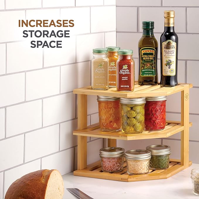 Bambüsi 3 Tier Bamboo Corner Shelf Cabinet Organizer - Kitchen Cabinet Space Saver for Plates, Dishes, Bowls, Pantry Storage - 9.5 in Tall x 10 in Deep Countertop Corner Rack | Kitchen Counter, Cabinet Space Saver, Plates, Dishes, Bowls, Bread Pantry