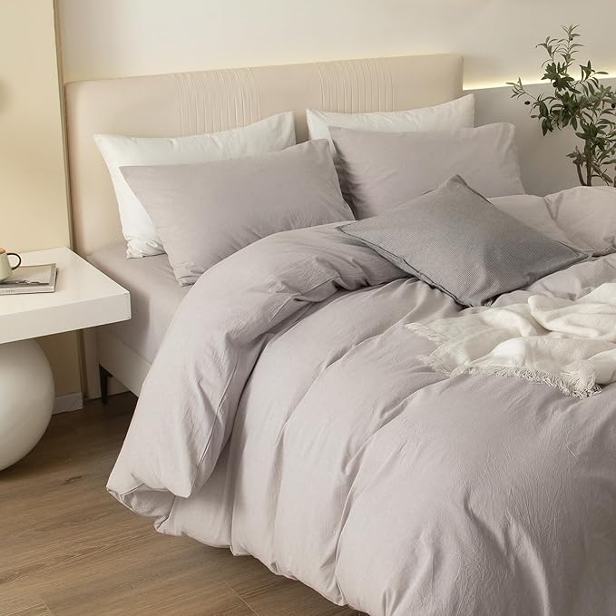 JIYUAN 100% Washed Cotton Duvet Cover Set 3 Pieces Oversized King, 1 Duvet Cover 120x98 Inches(Comforter Not Included) and 2 Pillowcases,Linen Feel Bedding Set Comfy and Breathable, Heathered Linen