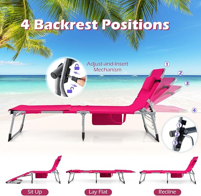 GYMAX Tanning Chair, 330LBS Beach Lounge Chair with Face Arm Hole & Hand Shoulder Strap, Folding Layout Sunbathing Chair, Face Down Outdoor Chaise Lounger for Patio, Poolside, Lawn, Backyard (2, Pink)
