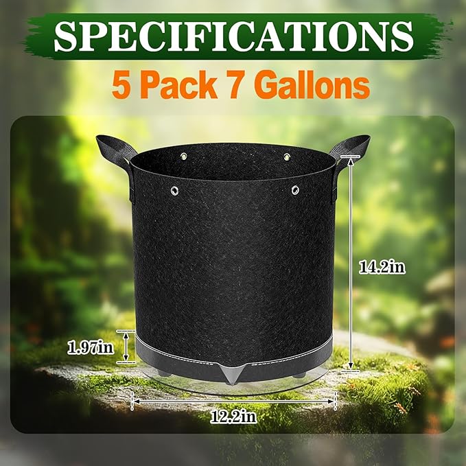 5 Pack 7 Gallon Self-Watering Grow Bags, Thick Nonwoven Fabric Pots with Support Rings and Reinforced Handles, Self-Watering Planter with Bottom Reservoir for Tomatoes Peppers Potatoes and Vegetables