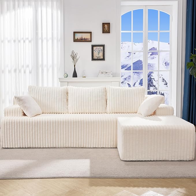 Modular Sectional Sofa Couches L-Shape Couch 3 Seat Modular Sofa Memory Foam Sectional Couches for Living Room, Cloud Couch with Oversized Chaise (White Stripe, 98" Right Facing Chaise)