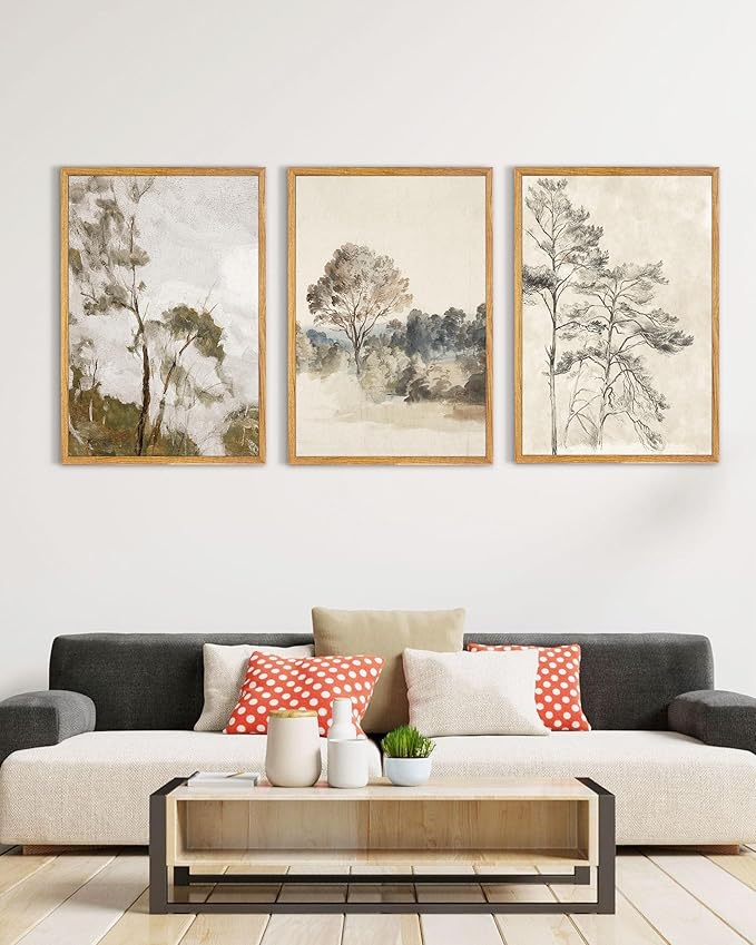 UPWOIGH Large Framed Wall Art, Set of 3 Vintage Muted Landscape Prints, 16x24 in Natural Cotton Posters with Trees, North Botanical Decor, Farmhouse Aesthetic for Living Room, Bedroom