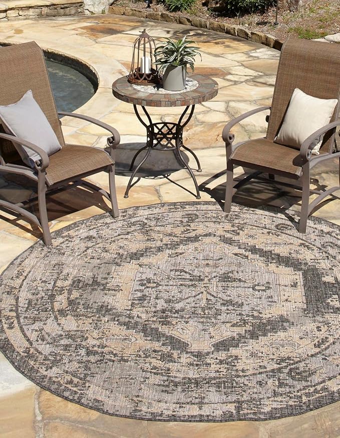 Unique Loom Outdoor Traditional Collection Area Rug - Valeria (3' 1" Round, Charcoal/ Natural)