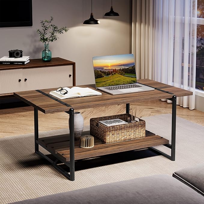 2-Tier Farmhouse 41'' Large Gray Wood Coffee Table with Storage Shelf -Modern Rustic Metal Rectangle Center Living Room Coffee Table Accent Furniture for Home Office,Easy Assembly(Walnut Brown)